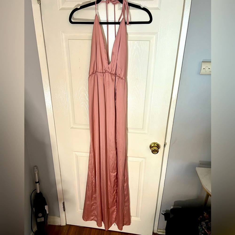 Pink Satin Stretchy Halter Slip Dress with Slit